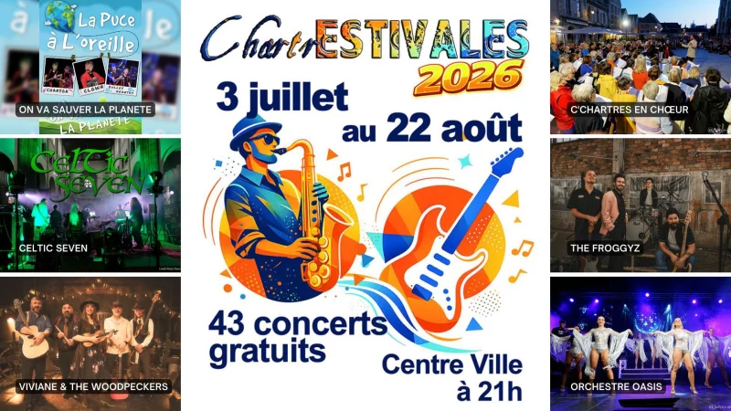 ChartrEstivales 2026 : On va sauver la planete ; Celtic Seven ; Viviane & The Woodpeckers ; C’chartres en chœur ; The Froggyz ; Orchestre Oasis