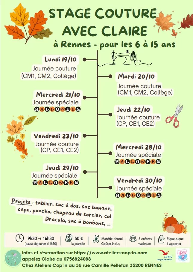 Stages couture enfants à Rennes – Vacances de la Toussaint 2026 | 6-15 ans | 8 journées créatives, dont 4 spéciales Halloween