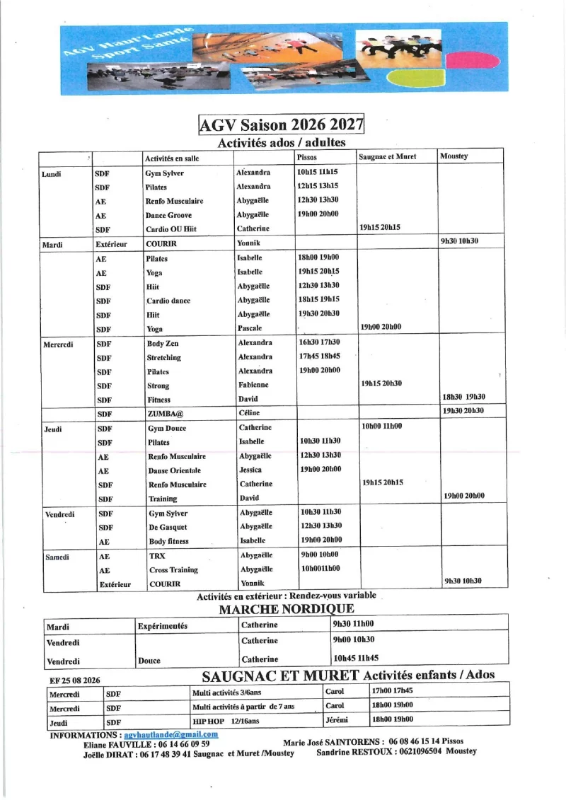 Programme Activités saison 2026/2027 AGV Haut'Land