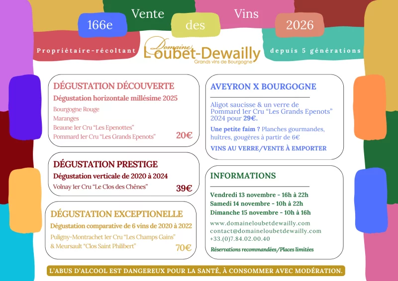 Domaine Loubet-Dewailly - Vente des Vins 2026 : dégustation "Prestige" verticale de l'appellation Volnay 1er Cru "Le Clos des Chênes" de 2020 à 2024