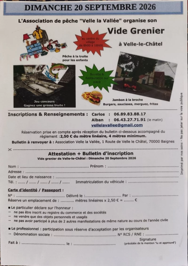 VIDE GRENIER de l'association de pêche Velle la Vallée